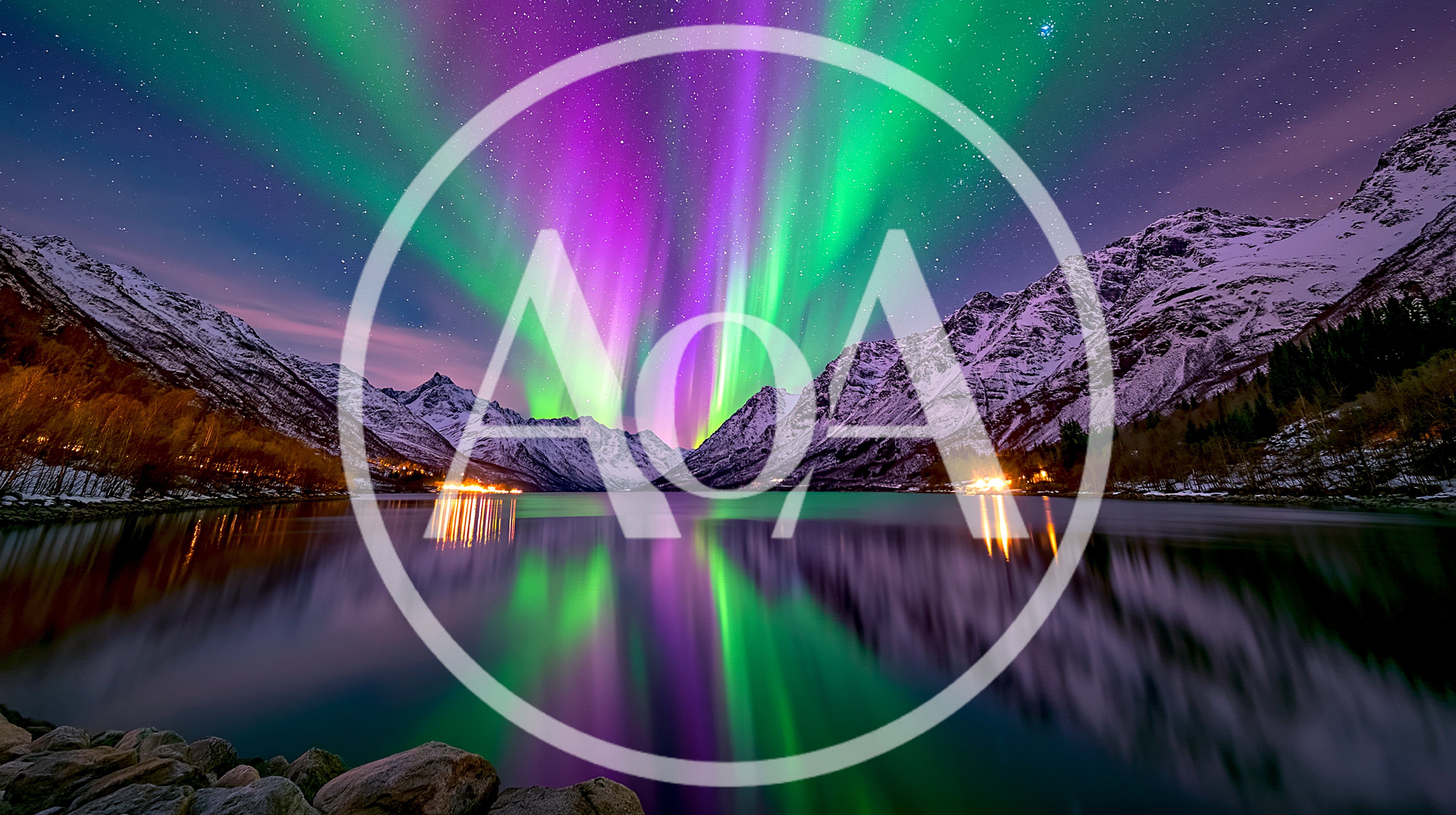 Vibrant Aurora Borealis Over Snowy Mountain Lake