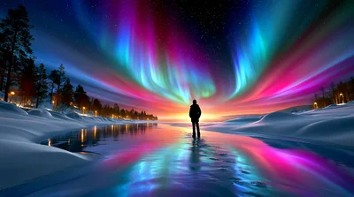 Person Standing On Frozen Lake Under Vibrant Aurora Borealis