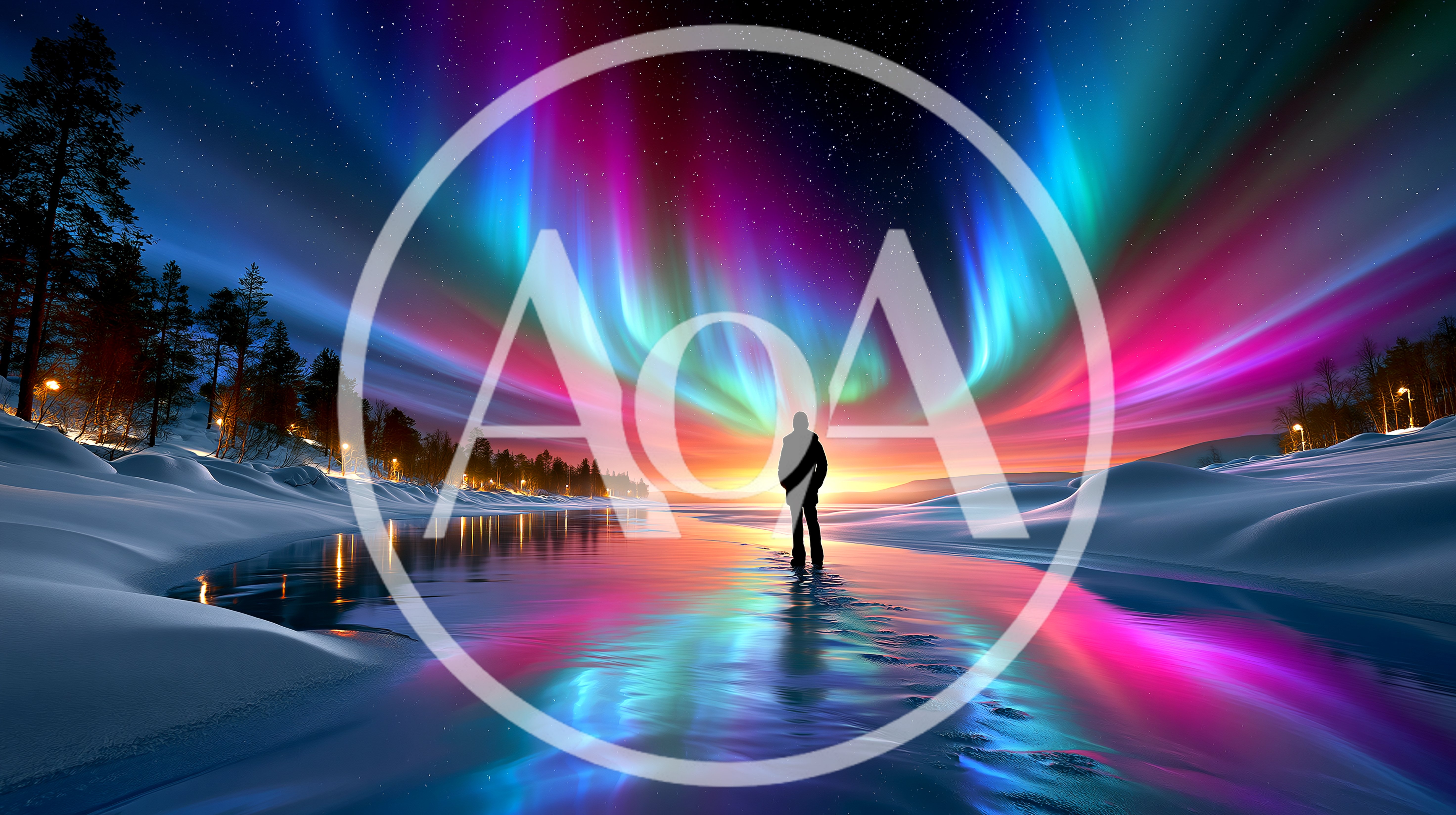 Person Standing On Frozen Lake Under Vibrant Aurora Borealis