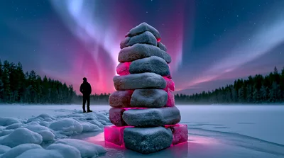 Person Standing Beside Glowing Stone Cairn Under Aurora Borealis
