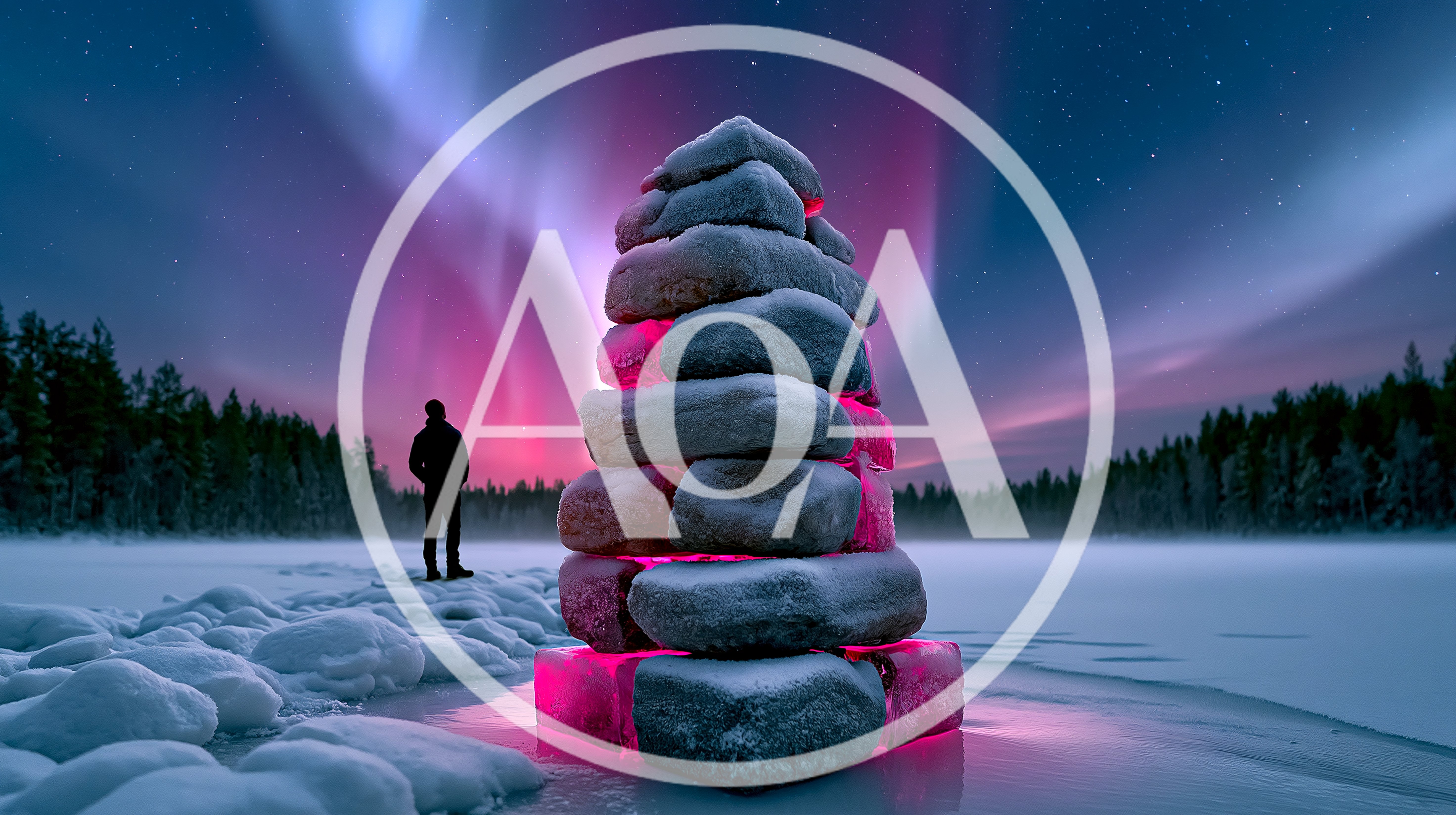 Person Standing Beside Glowing Stone Cairn Under Aurora Borealis