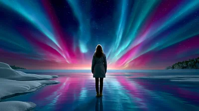 Woman Standing Alone Under Vibrant Aurora Borealis