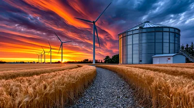 Wind Turbines And Grain Silo In Wheat Field