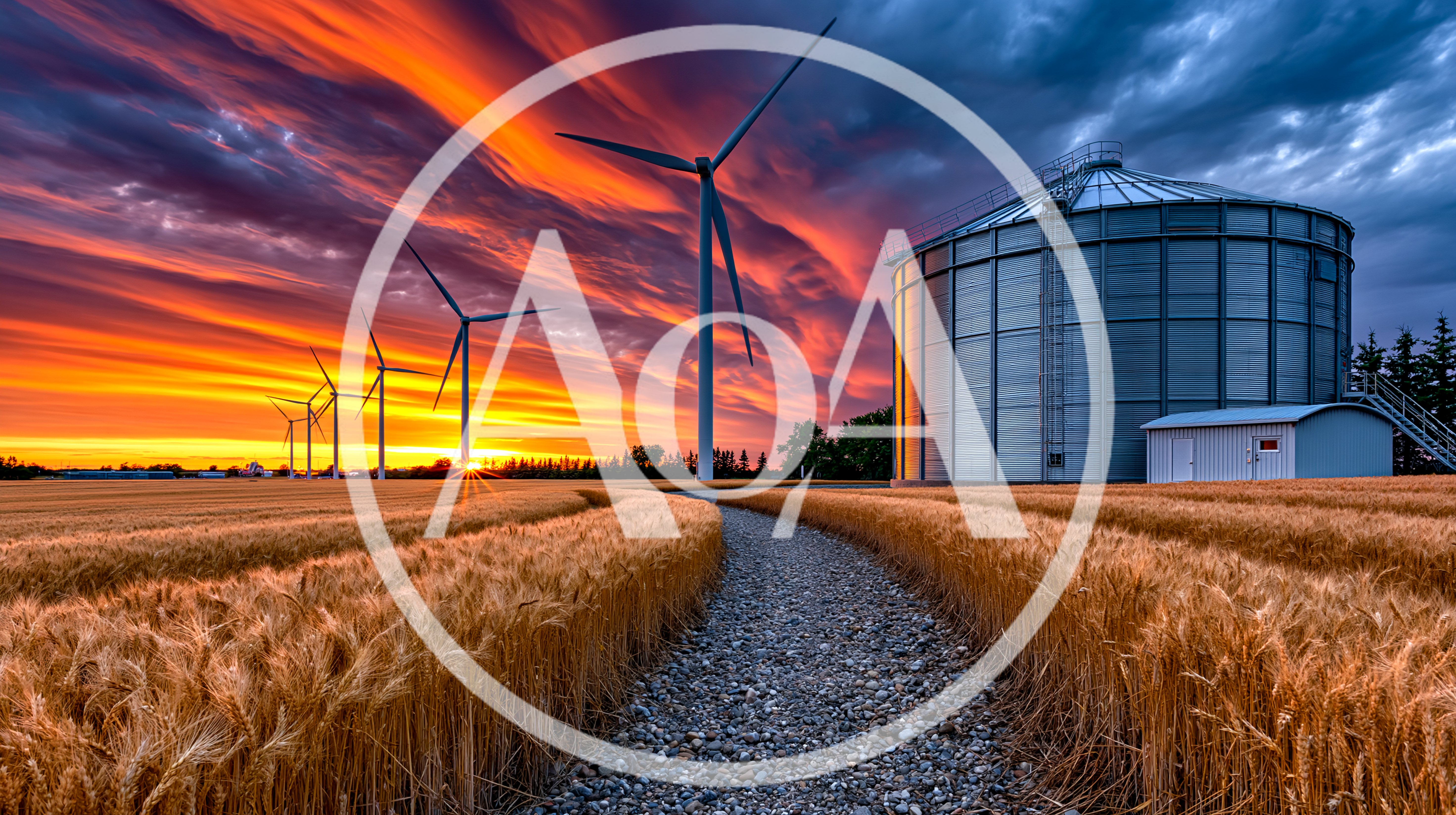 Wind Turbines And Grain Silo In Wheat Field