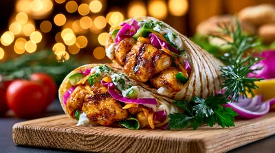 Grilled Chicken Wraps On A Wooden Cutting Board