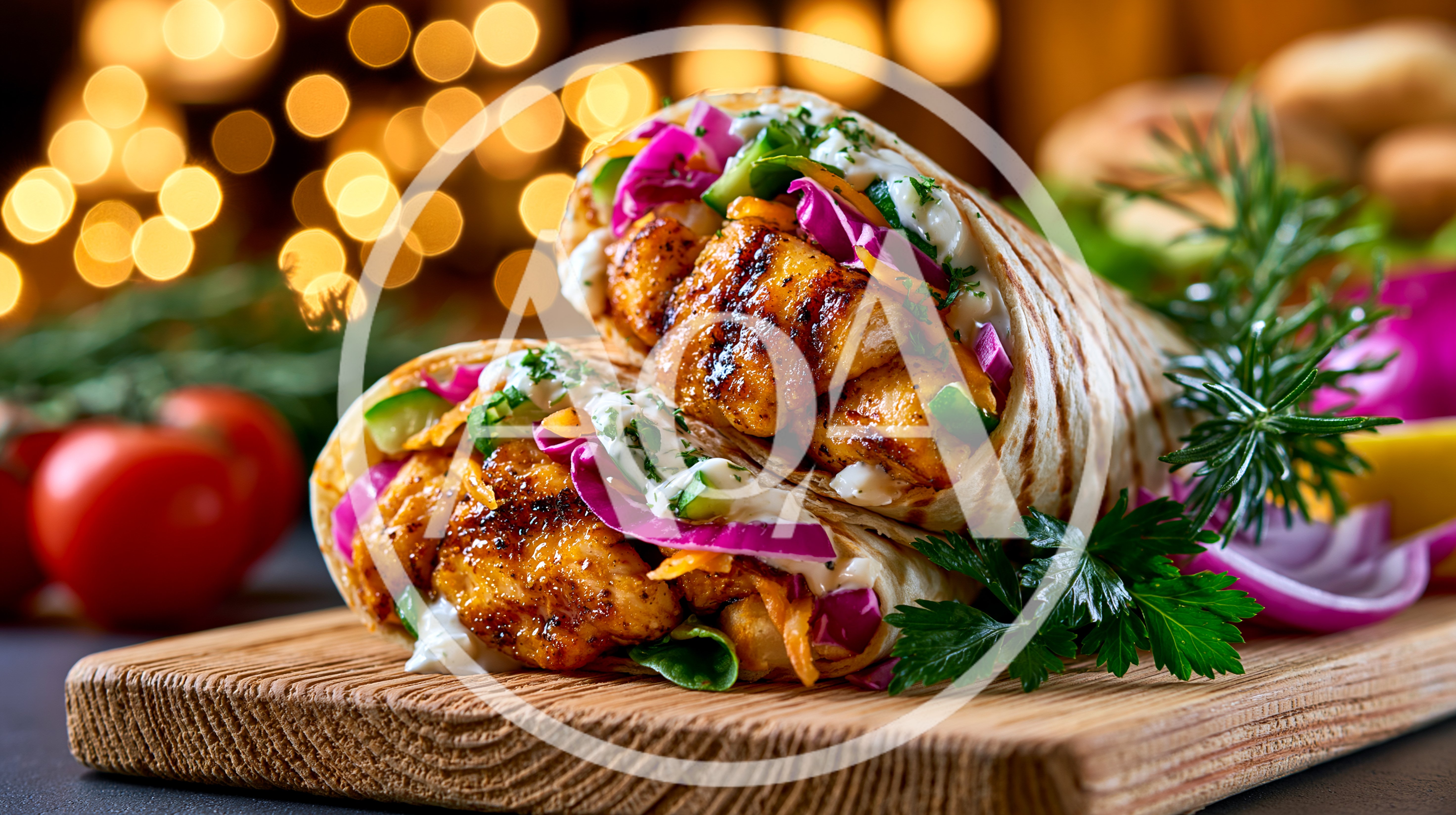 Grilled Chicken Wraps On A Wooden Cutting Board