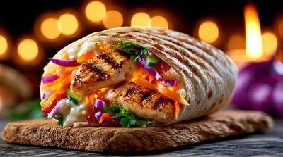 Grilled Chicken Wrap on Wooden Board