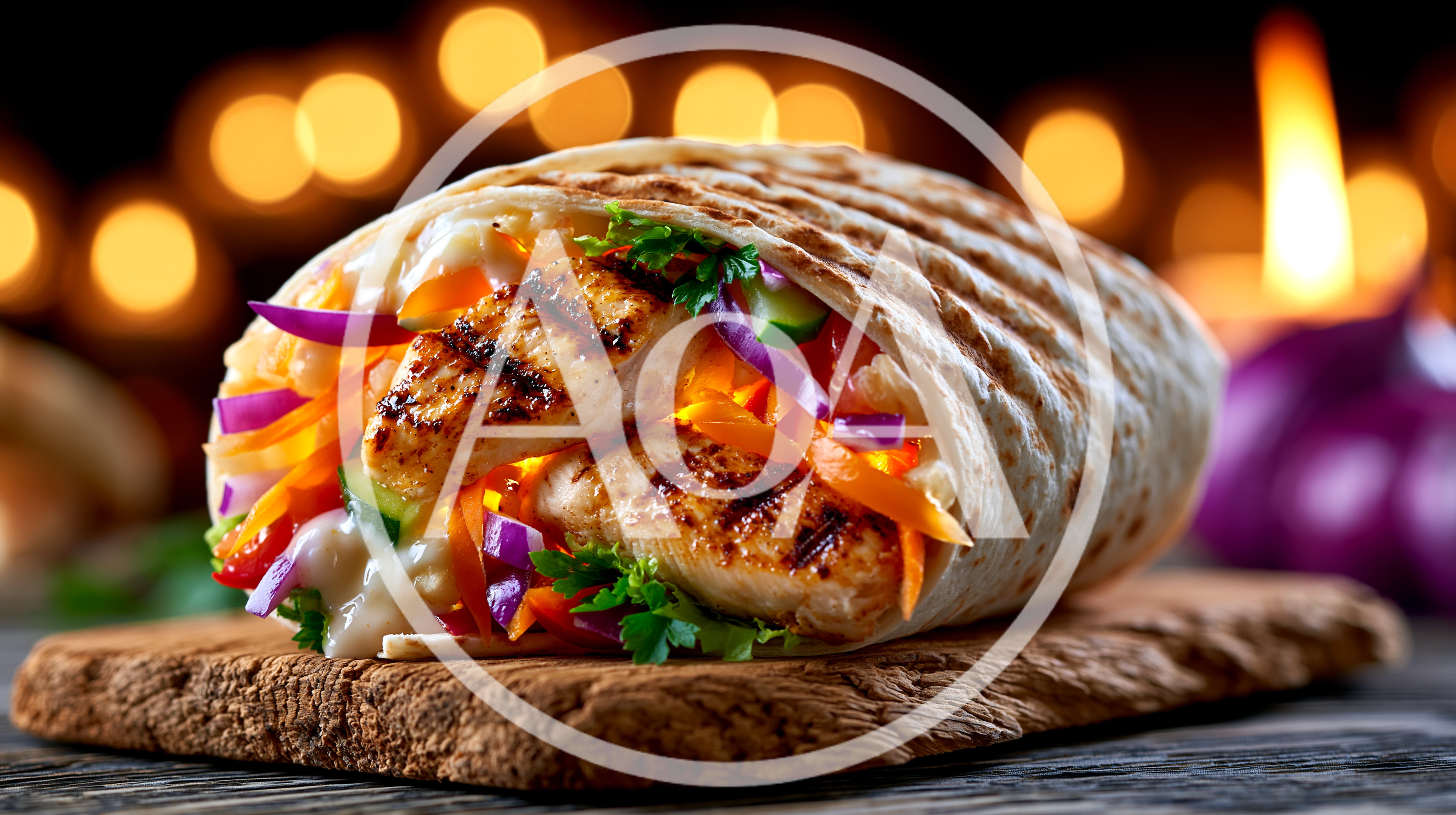 Grilled Chicken Wrap on Wooden Board
