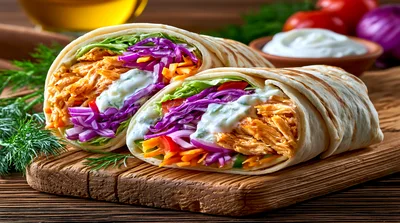 Two Fresh Chicken Wraps On A Wooden Board