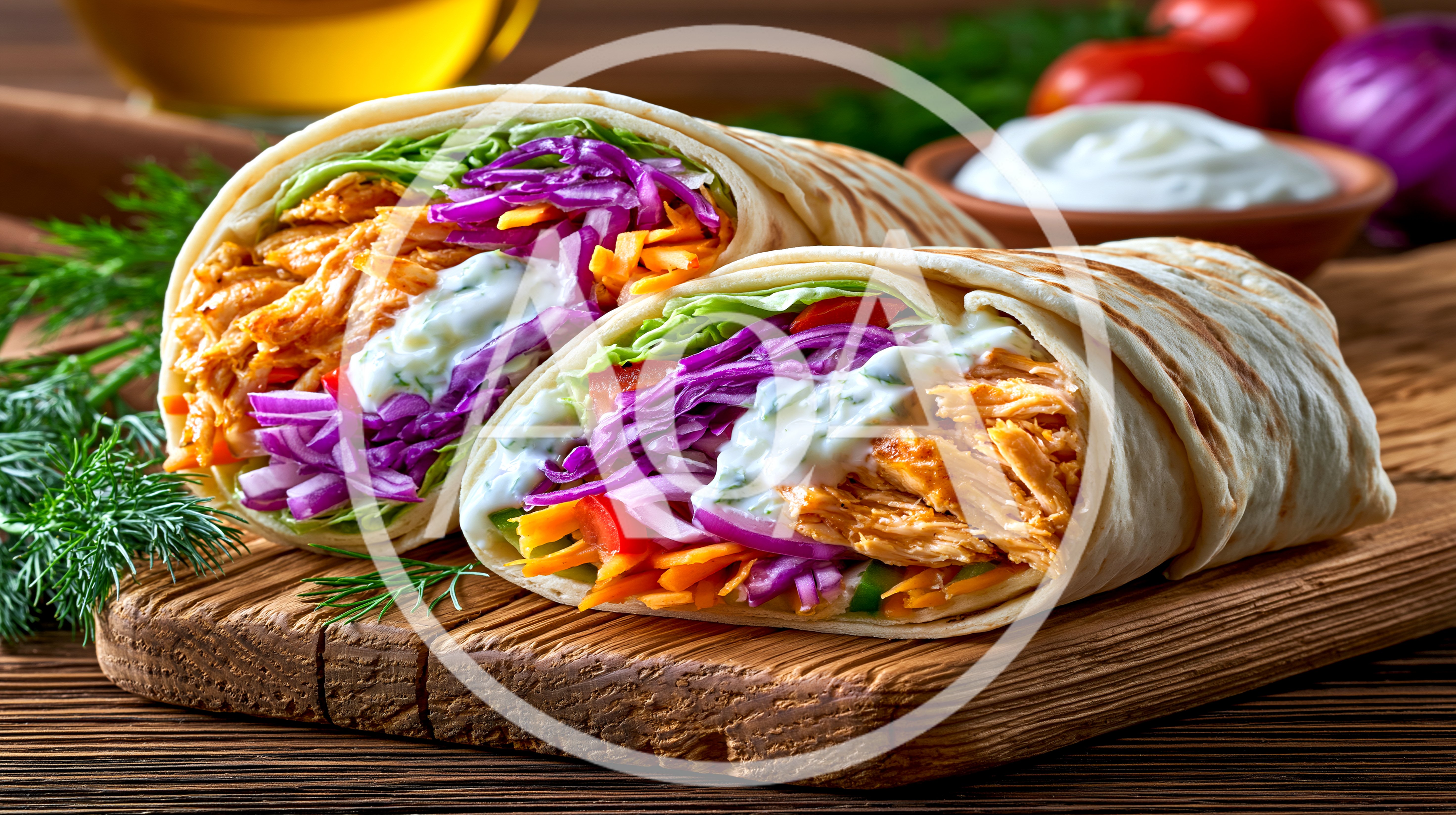 Two Fresh Chicken Wraps On A Wooden Board