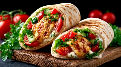 Two Grilled Chicken Wraps On A Wooden Board