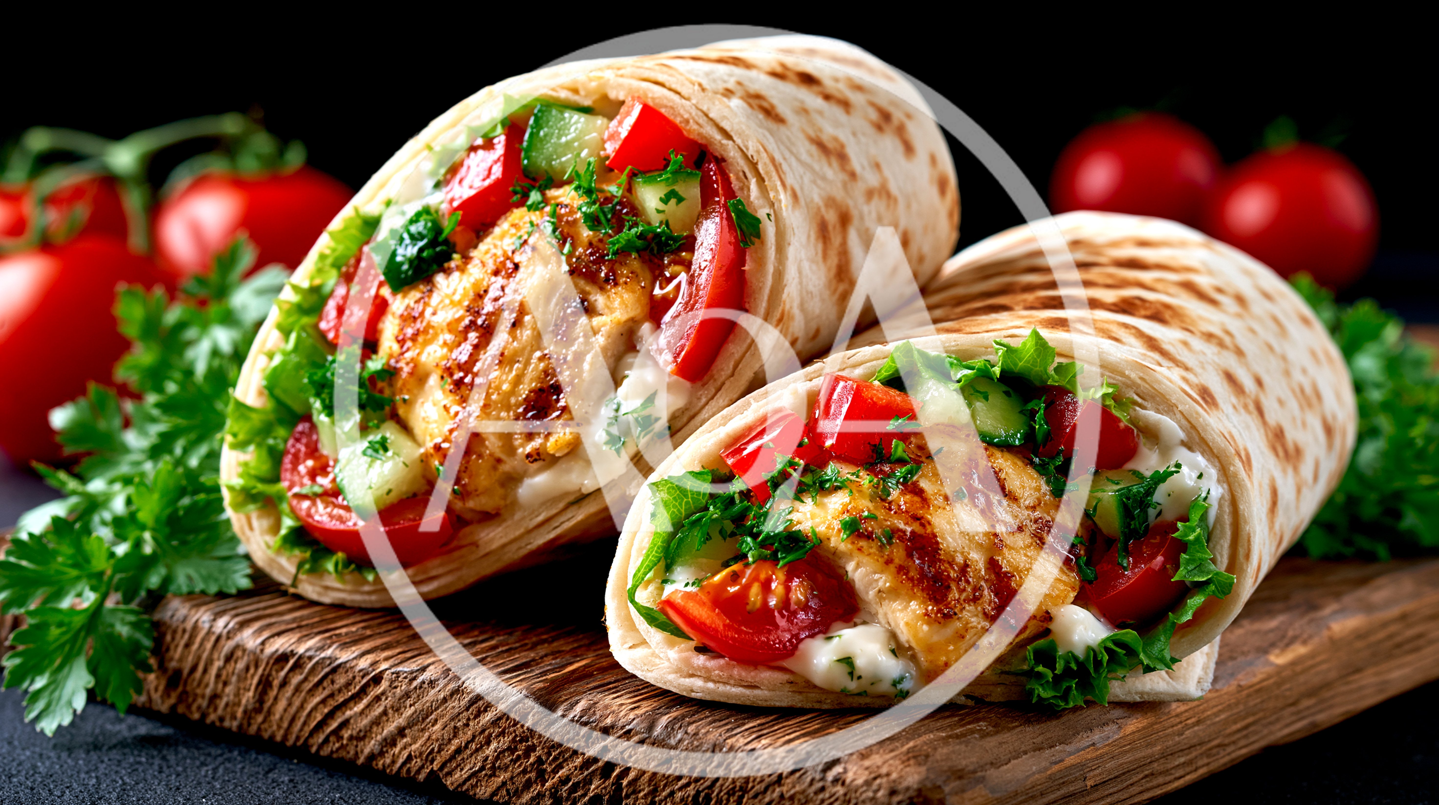 Two Grilled Chicken Wraps On A Wooden Board