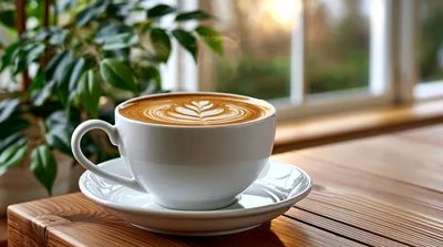 White Coffee Cup With Latte Art On Wooden Table