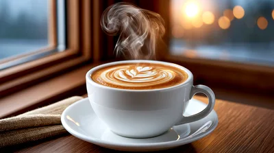 Steaming Cup Of Latte Art Coffee By Window