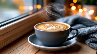 Steaming Cup Of Latte Art On A Wooden Window Sill