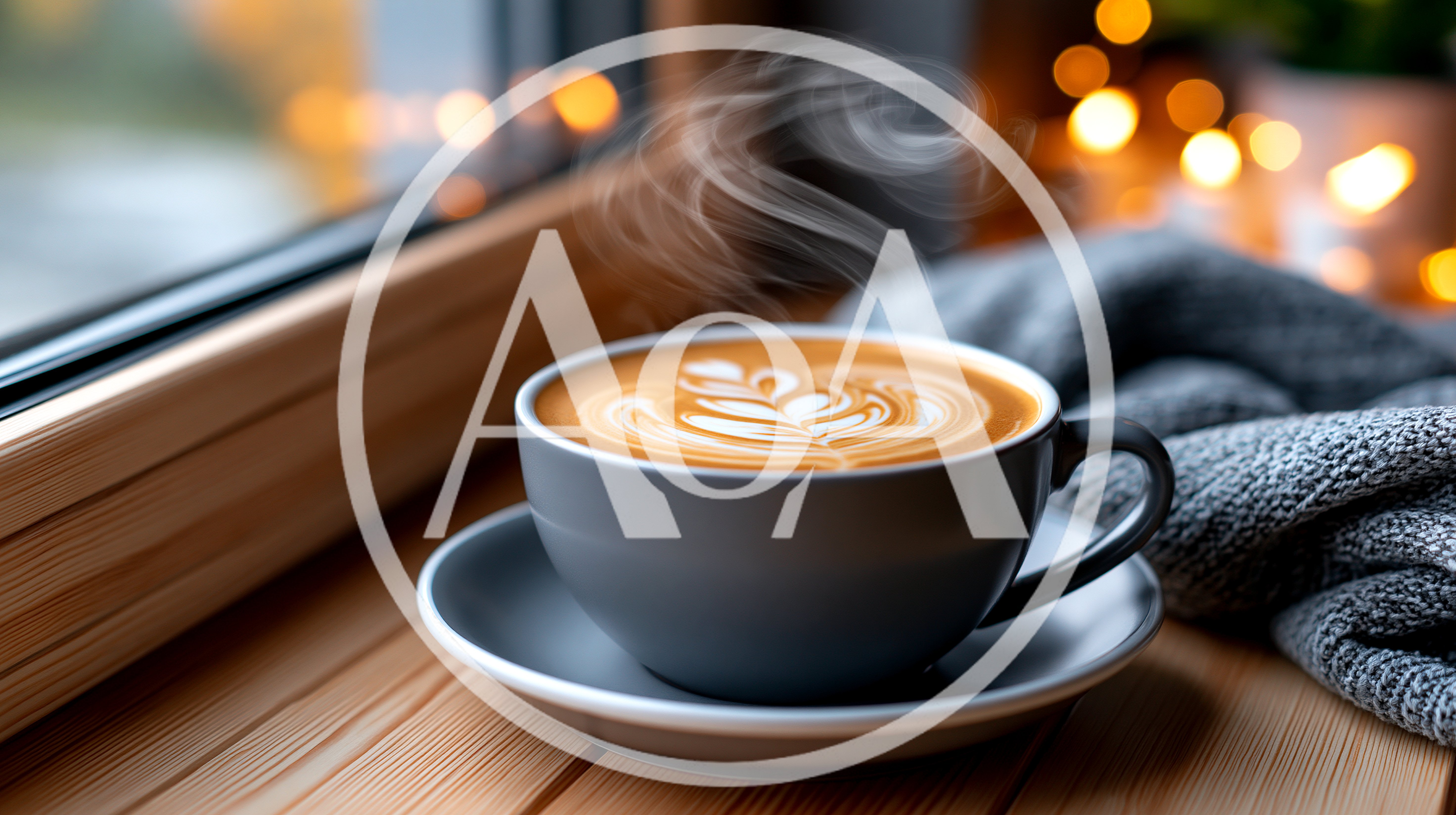 Steaming Cup Of Latte Art On A Wooden Window Sill