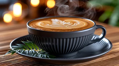 Steaming Cup Of Latte With Latte Art