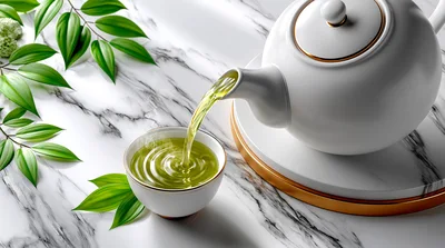 Green Tea Being Poured From White Teapot