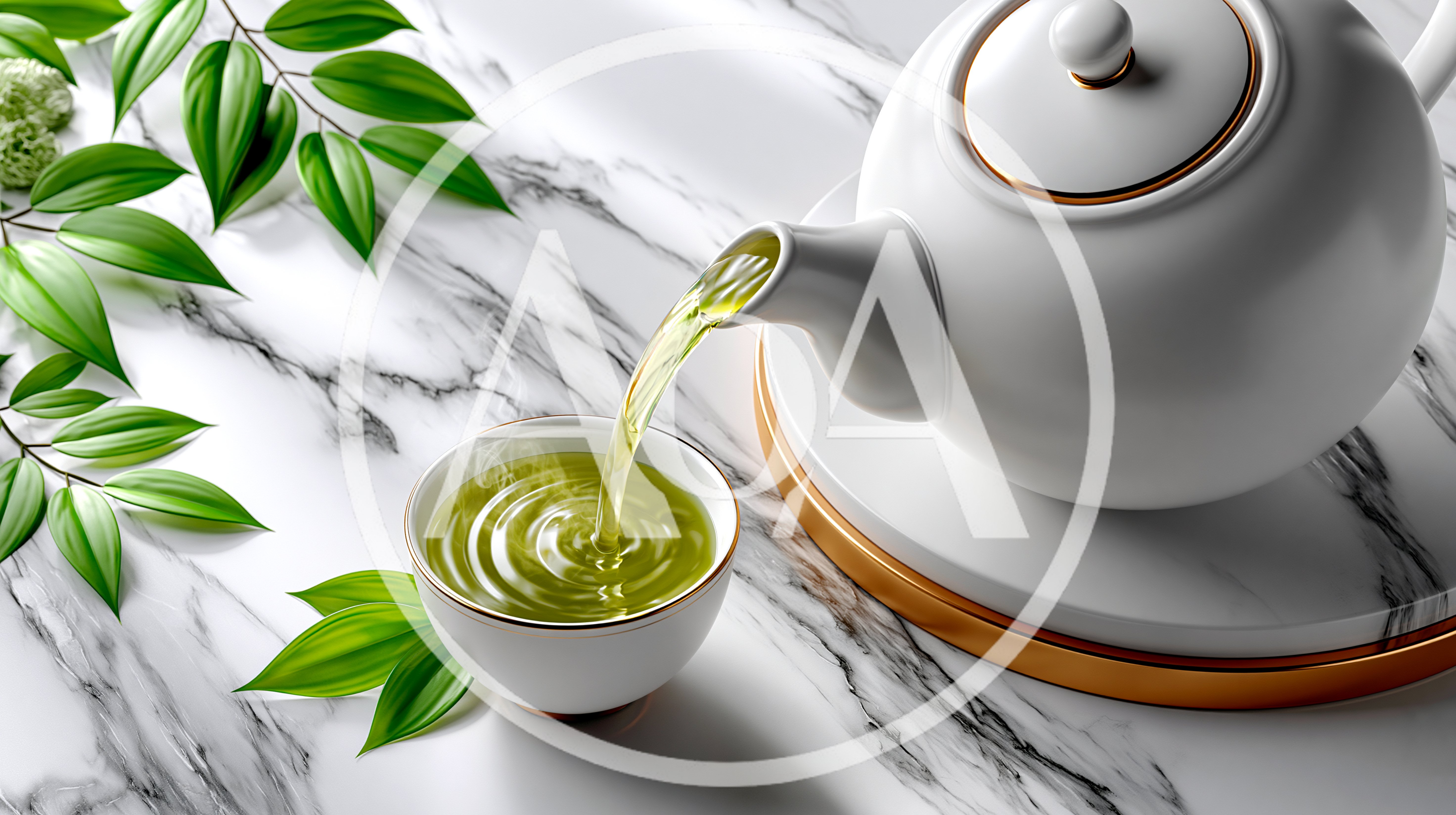 Green Tea Being Poured From White Teapot