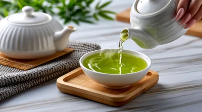 Pouring Hot Green Tea Into A Ceramic Bowl
