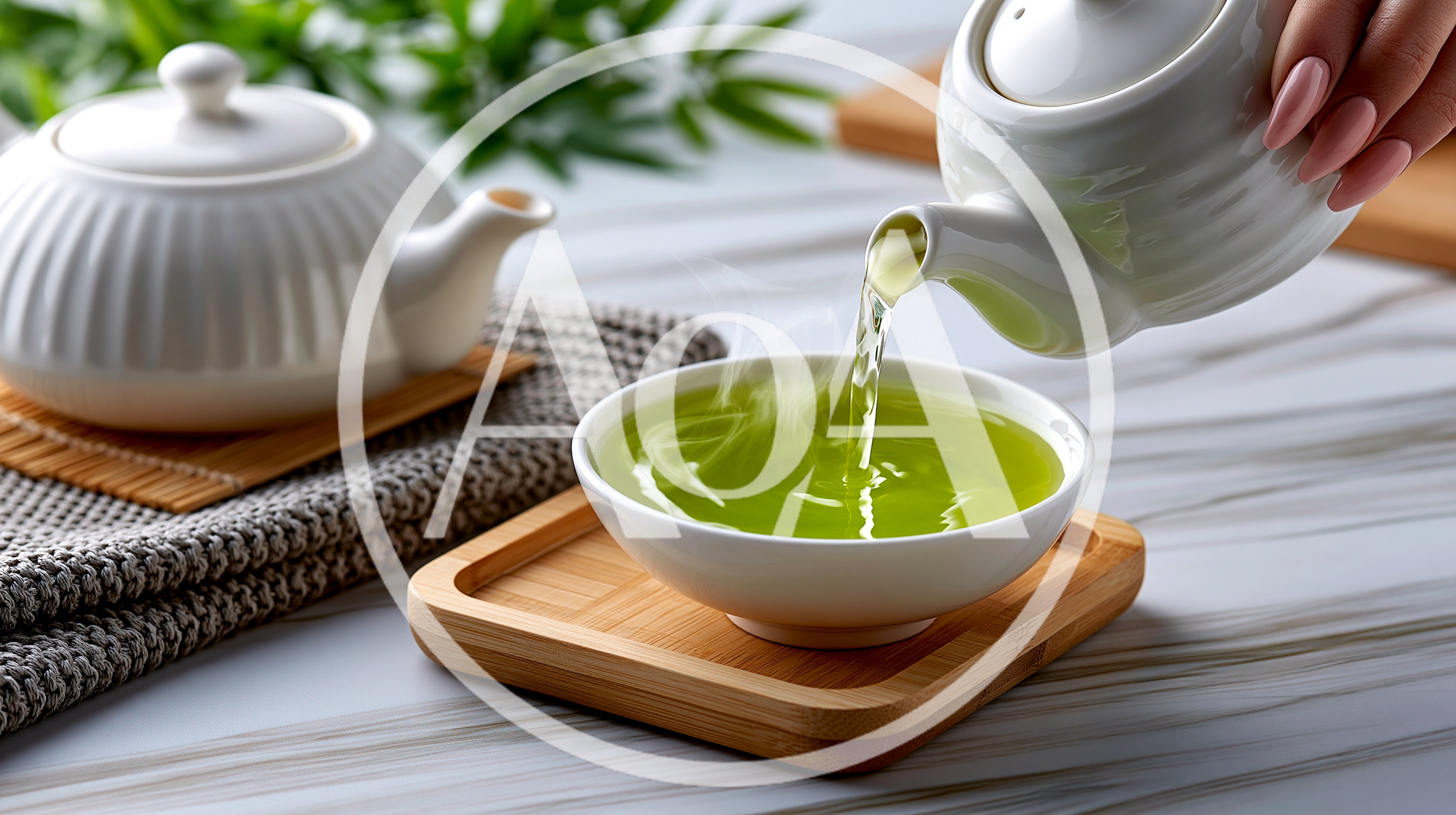 Pouring Hot Green Tea Into A Ceramic Bowl
