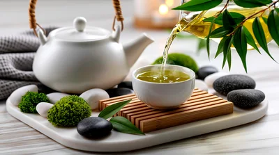 Pouring Hot Green Tea Into A Ceramic Cup