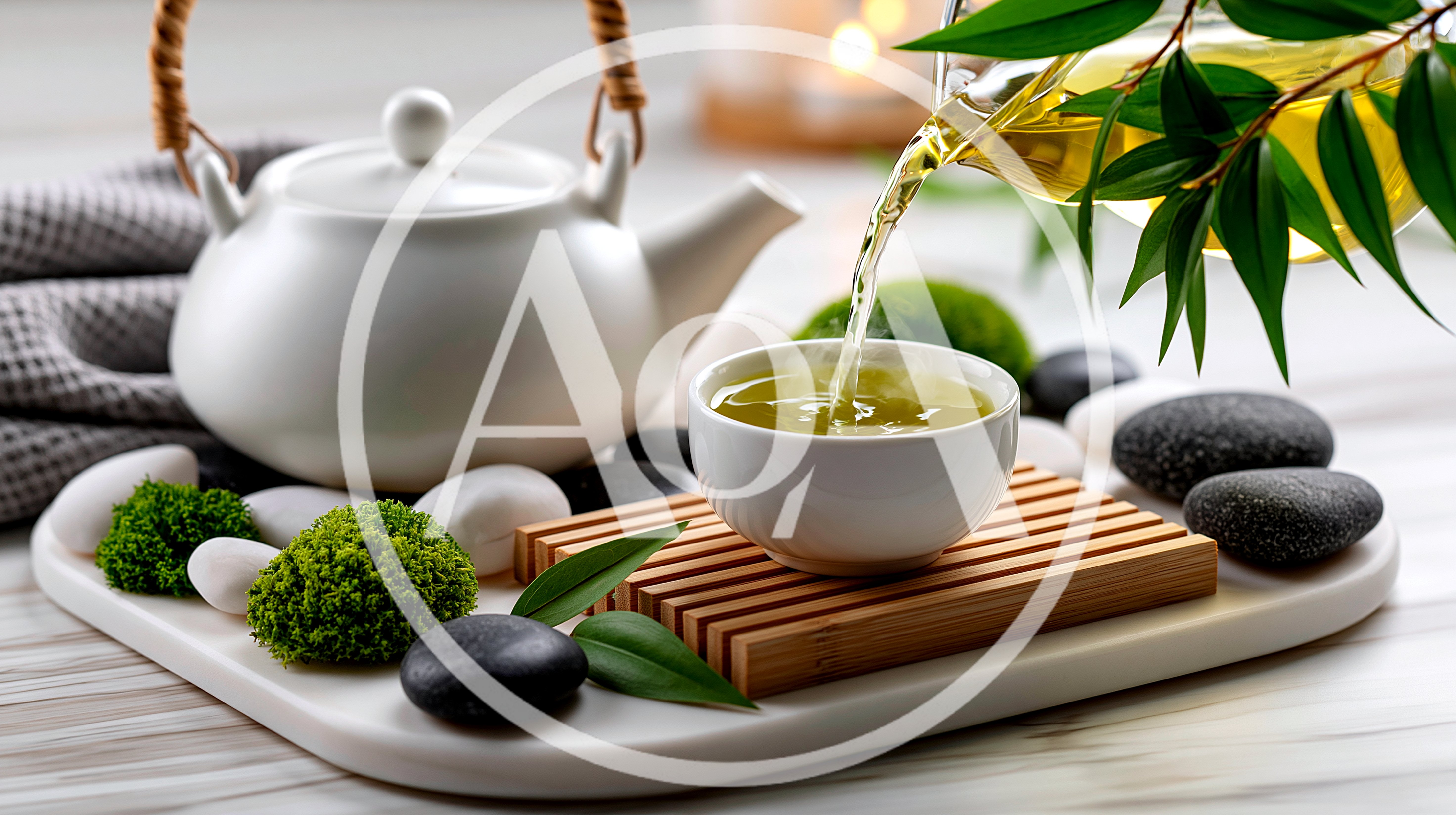 Pouring Hot Green Tea Into A Ceramic Cup