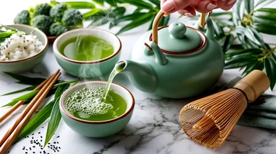 Pouring Fresh Matcha Green Tea Into A Ceramic Bowl