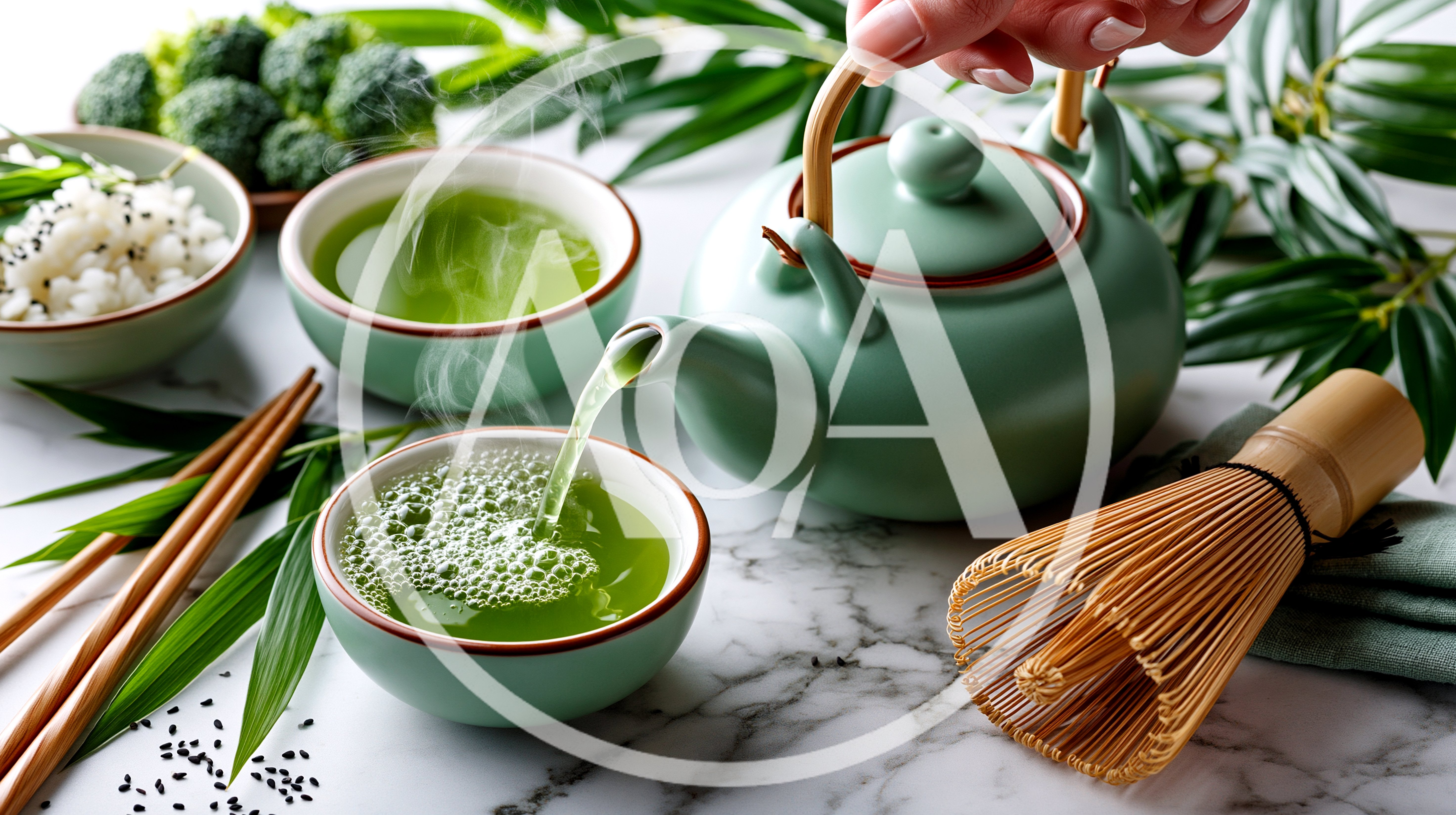 Pouring Fresh Matcha Green Tea Into A Ceramic Bowl