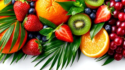 Fresh Tropical Fruit Assortment With Green Leaves