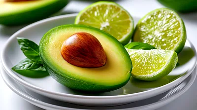 Fresh Avocado Half and Lime Slices on Plate