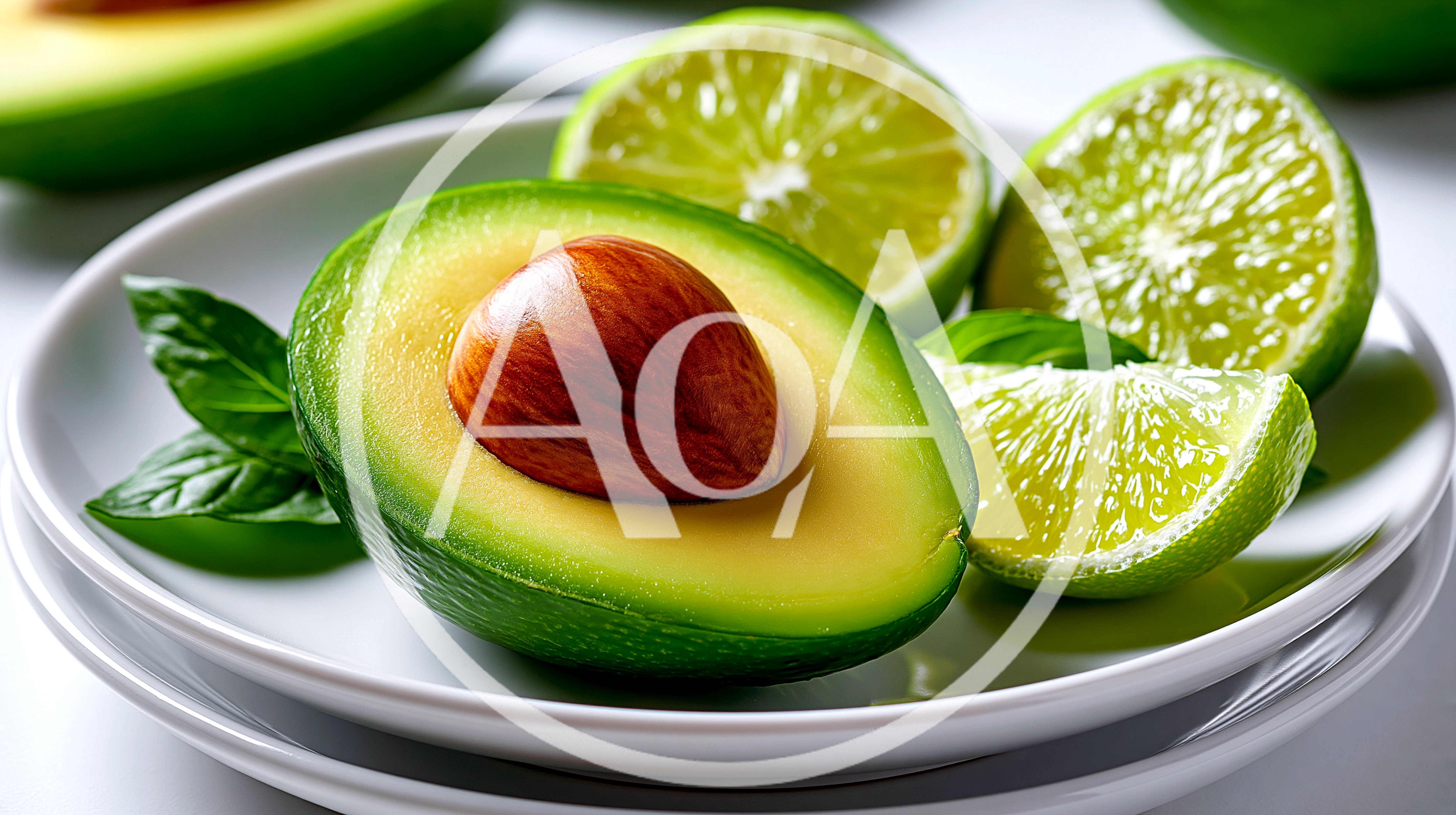 Fresh Avocado Half and Lime Slices on Plate