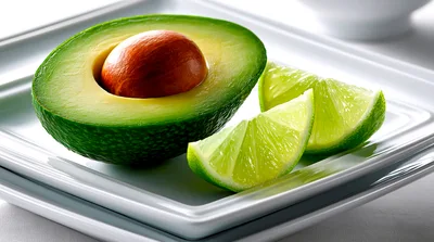Fresh Avocado Half And Lime Wedges On Plate