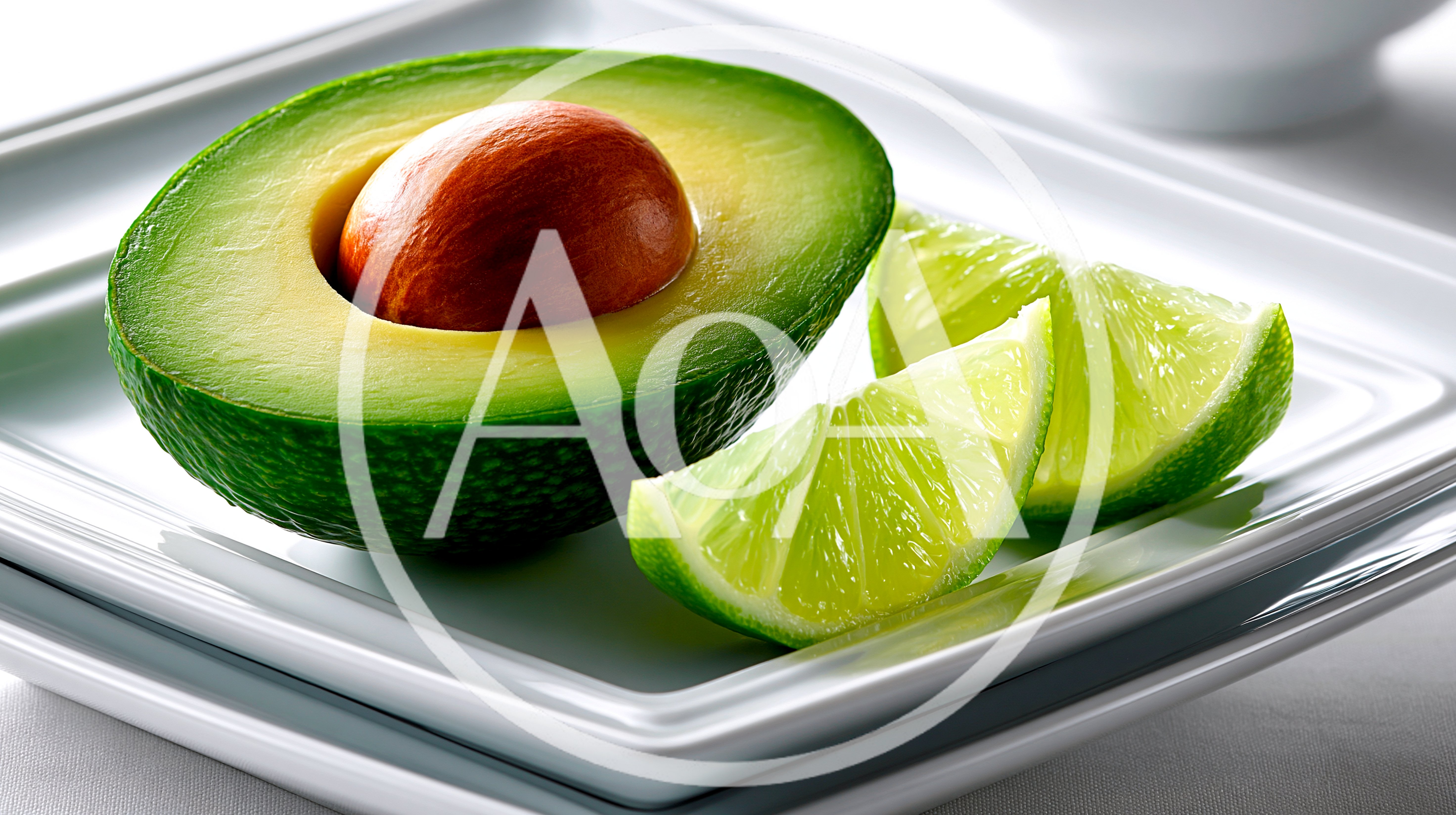 Fresh Avocado Half And Lime Wedges On Plate