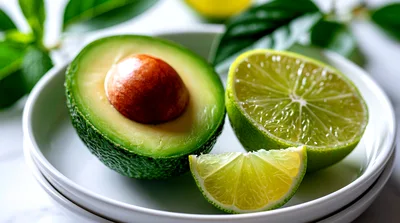 Fresh Avocado Half And Lime Slices On Plate
