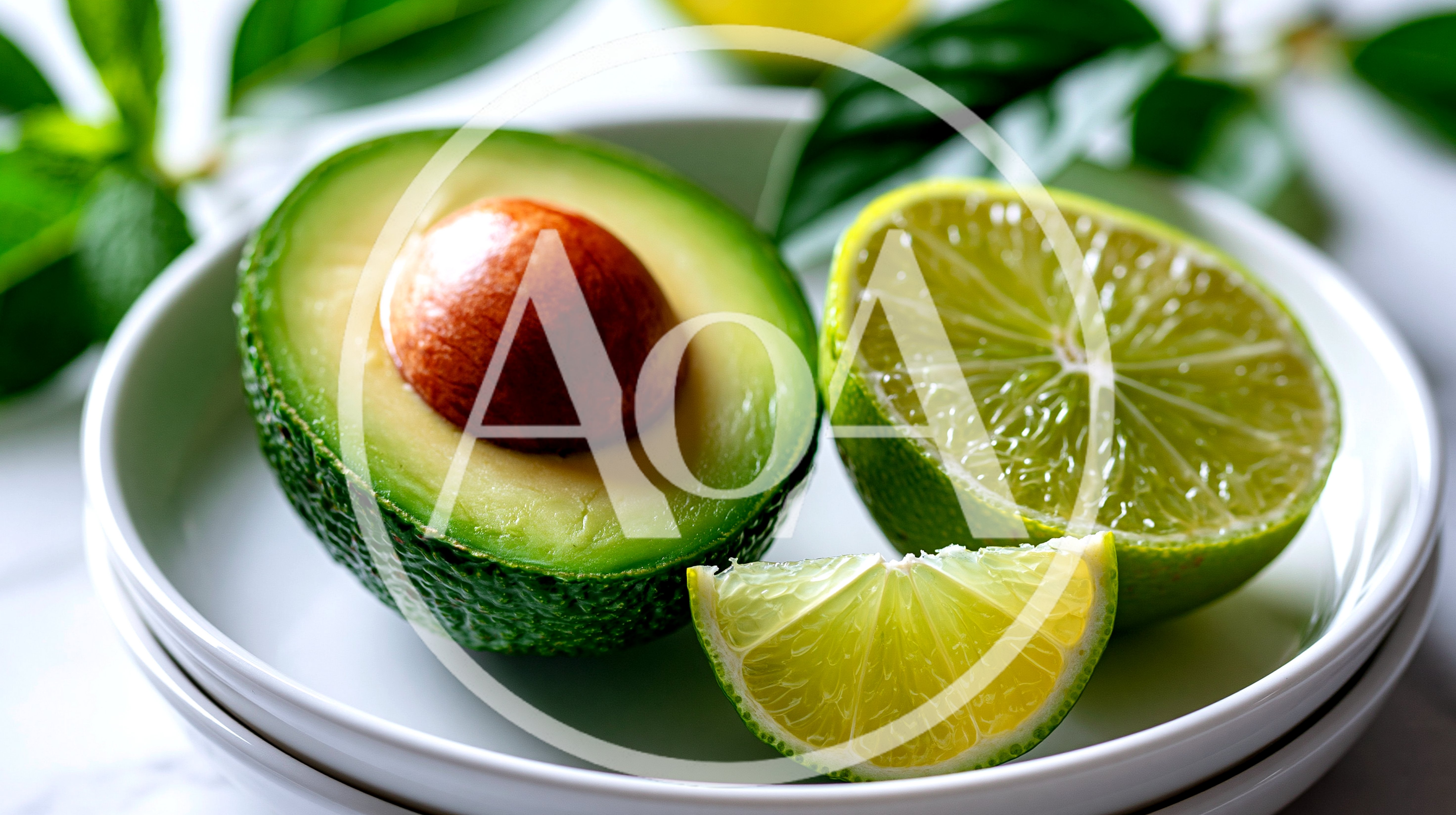 Fresh Avocado Half And Lime Slices On Plate
