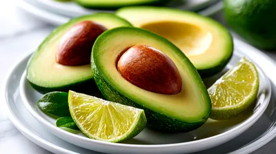 Fresh Avocado Halves With Lime Wedges On Plate