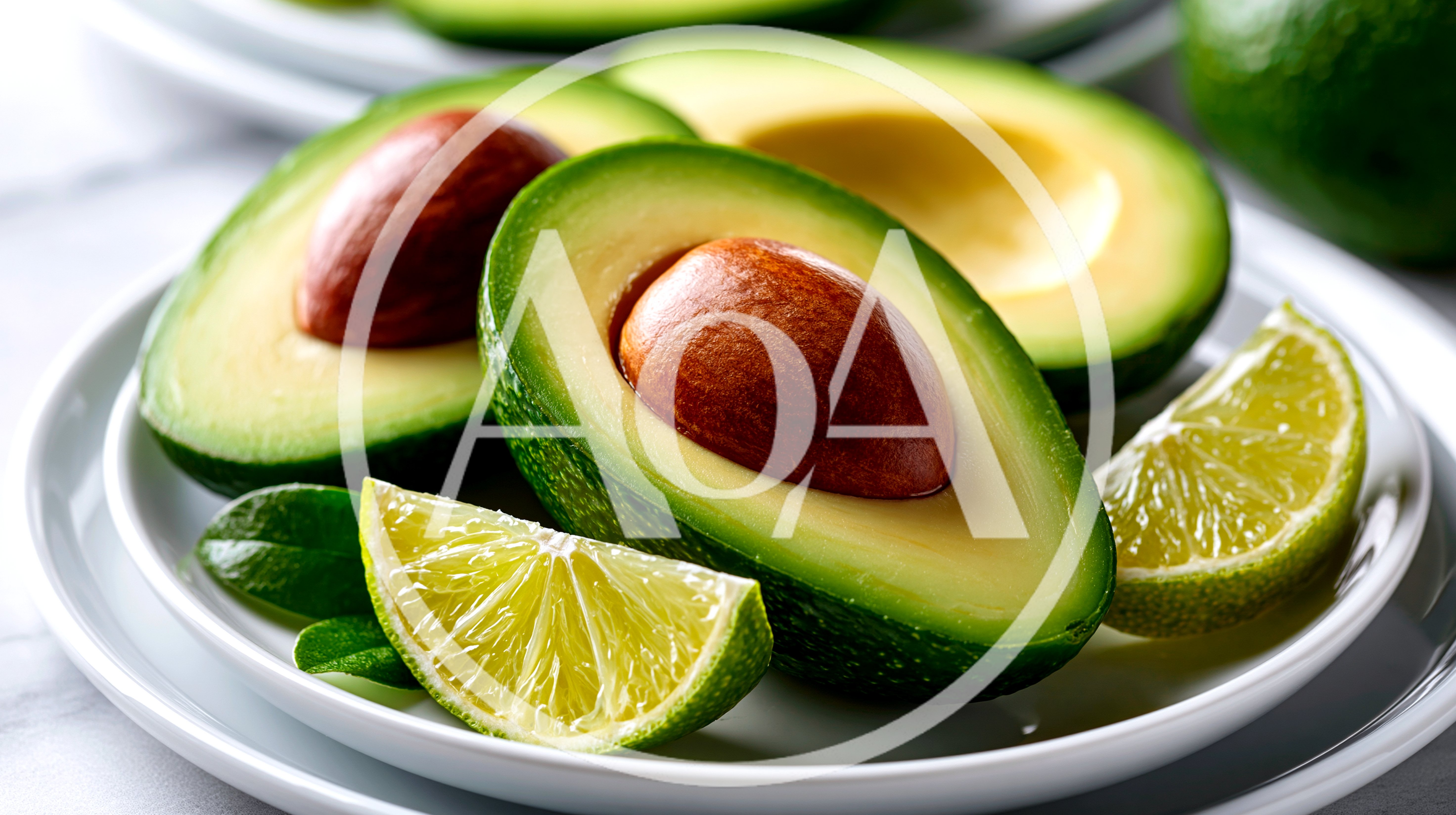 Fresh Avocado Halves With Lime Wedges On Plate