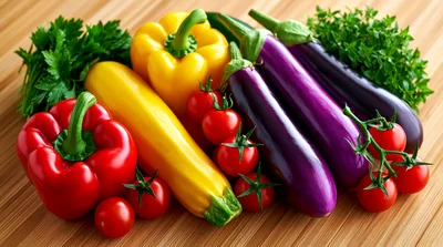 Fresh Assorted Vegetables Arranged On Wooden Surface
