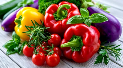 Fresh Vegetables and Herbs on Wooden Surface