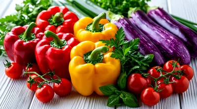 Fresh Assorted Vegetables On A White Wooden Table