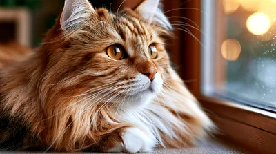 Fluffy Ginger Cat Looking Out A Window