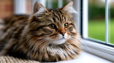 Fluffy Tabby Cat Resting On A Window Sill