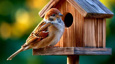 Eurasian Tree Sparrow Perched On A Wooden Birdhouse