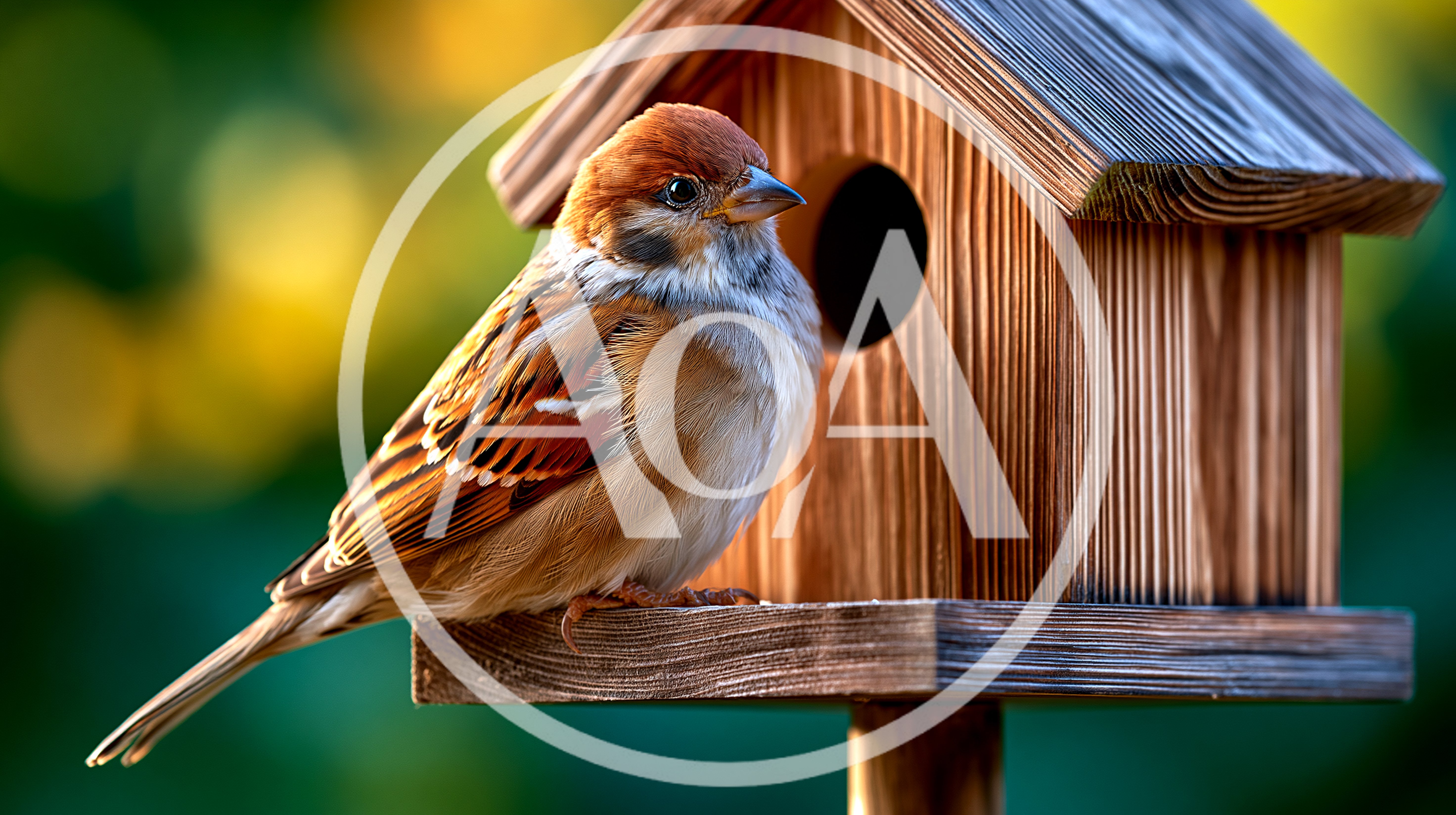 Eurasian Tree Sparrow Perched On A Wooden Birdhouse