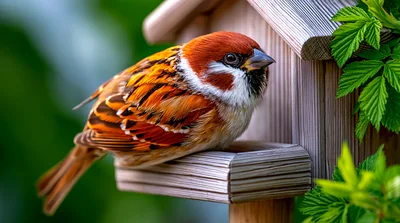 Eurasian Tree Sparrow Perched On A Wooden Birdhouse