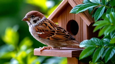 Eurasian Tree Sparrow Perched On A Wooden Birdhouse