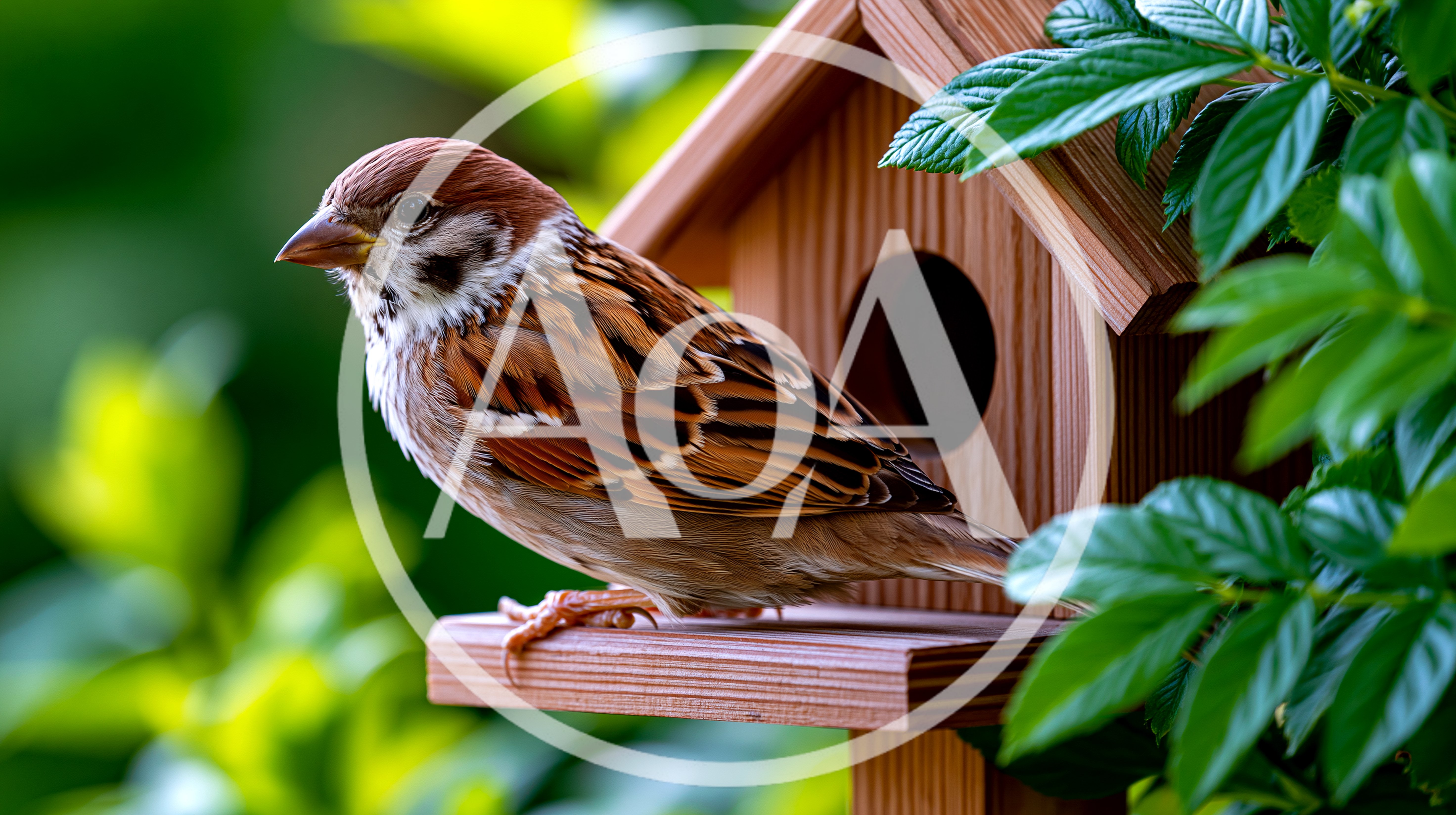 Eurasian Tree Sparrow Perched On A Wooden Birdhouse