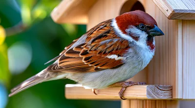 House Sparrow Perched On A Wooden Birdhouse