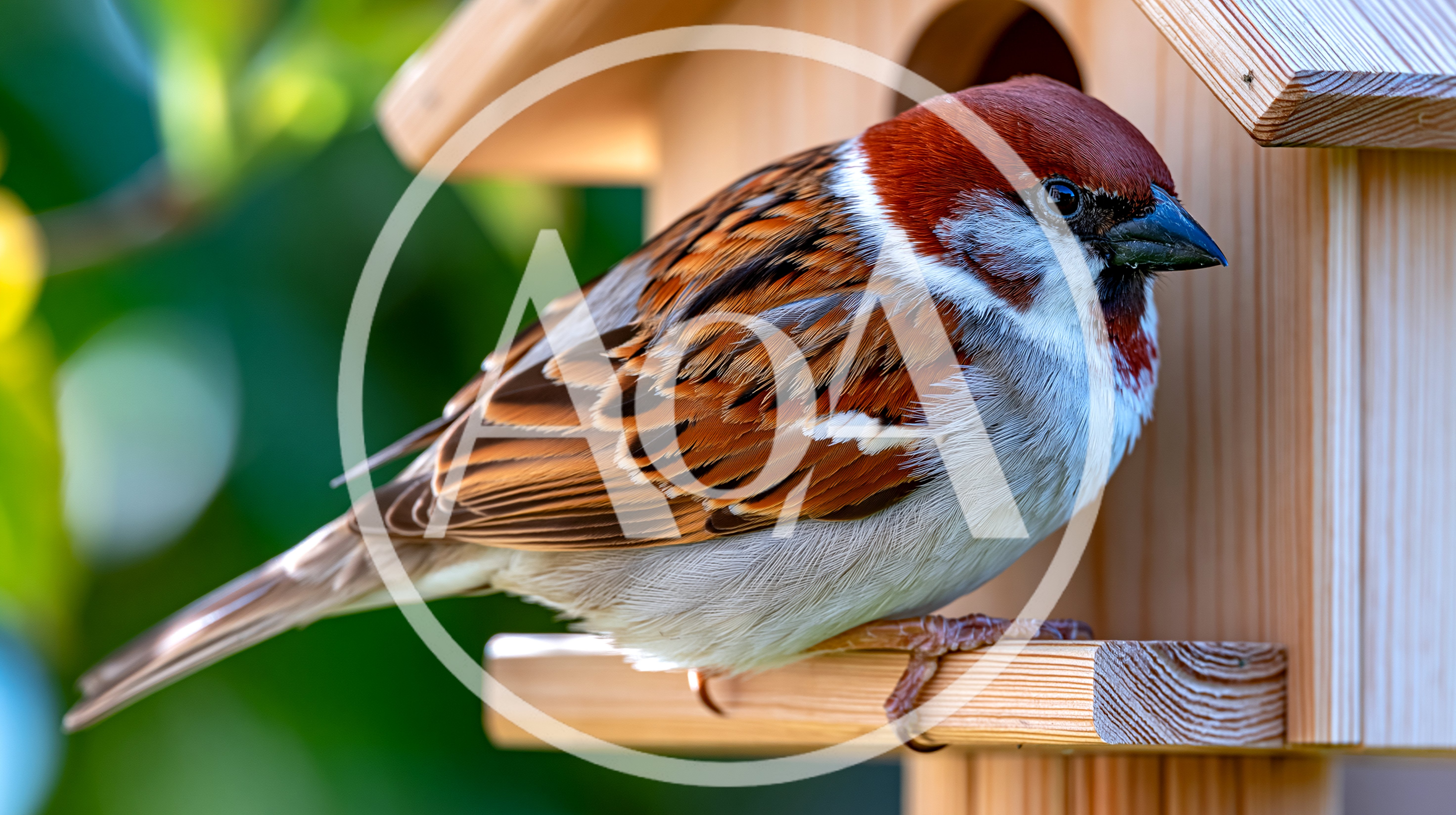 House Sparrow Perched On A Wooden Birdhouse